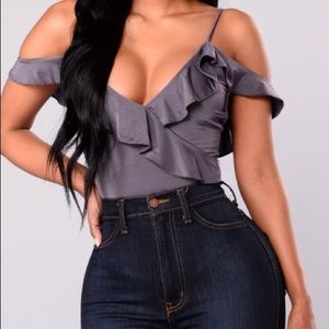Purple ruffle cold shoulder bodysuit